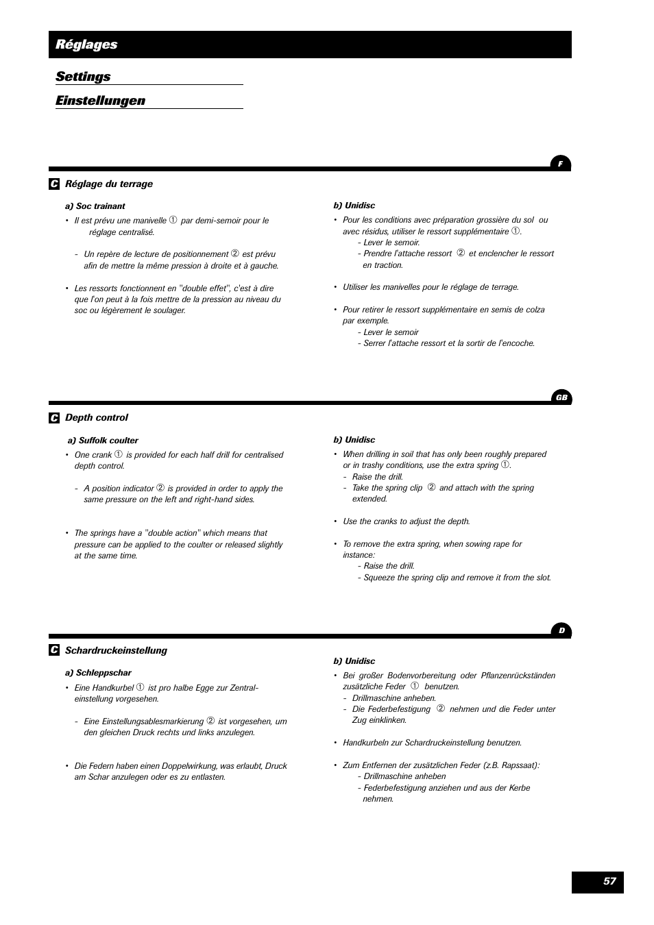 Réglages settings einstellungen | Sulky SPL User Manual | Page 59 / 98