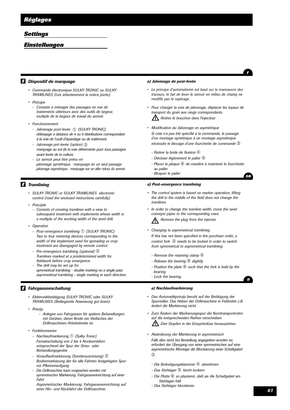 Réglages settings einstellungen | Sulky SPL User Manual | Page 63 / 98