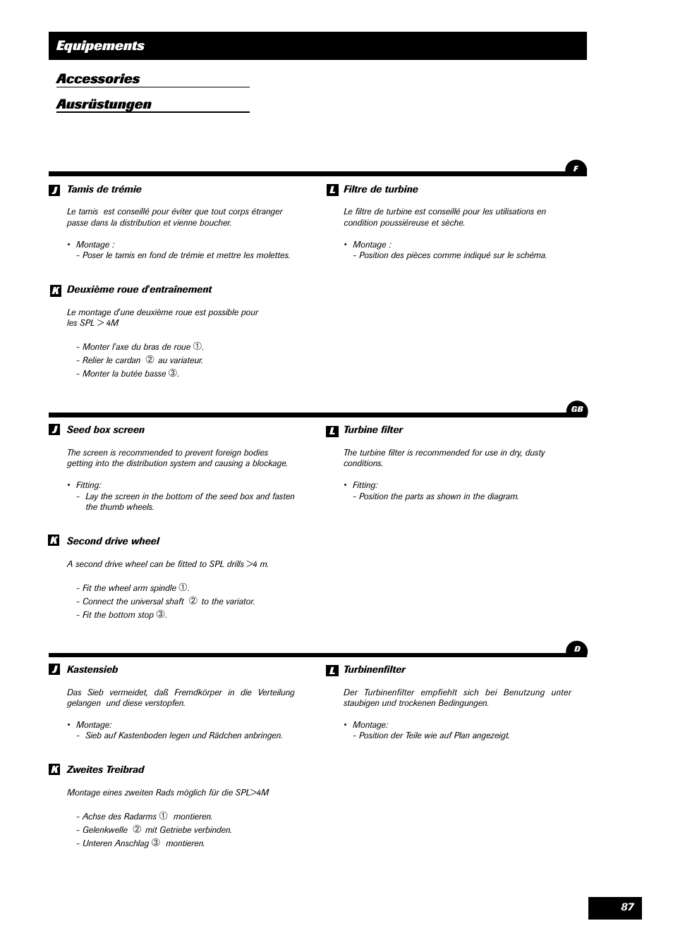 Equipements accessories ausrüstungen | Sulky SPL User Manual | Page 89 / 98