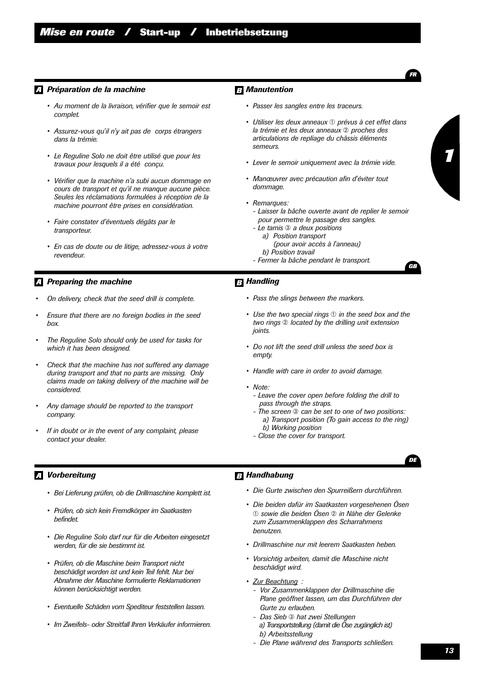 Mise en route, Start-up, Inbetriebsetzung | Sulky Reguline Solo User Manual | Page 15 / 111