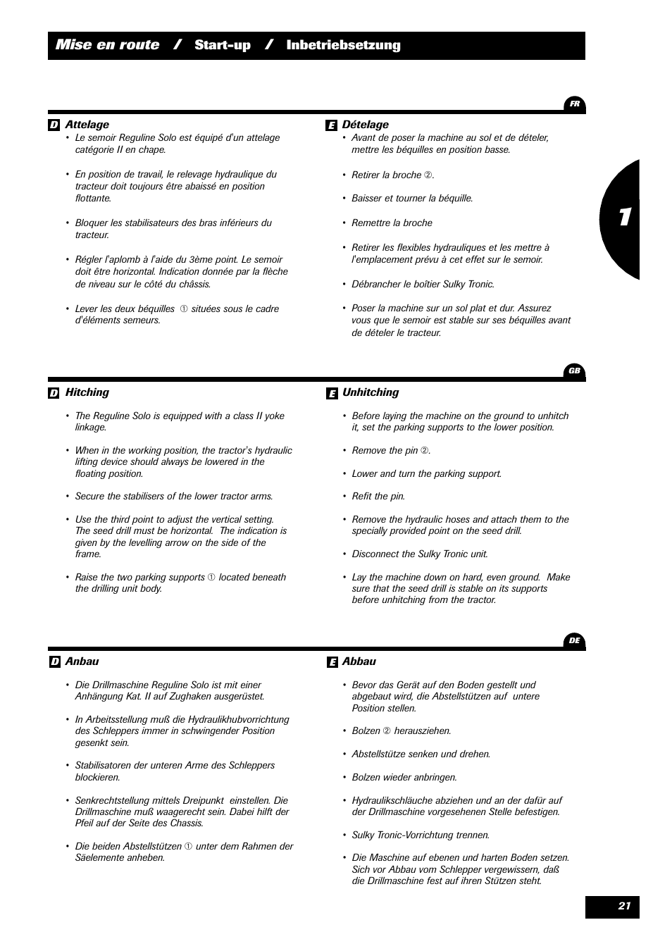 Mise en route, Start-up, Inbetriebsetzung | Sulky Reguline Solo User Manual | Page 23 / 111
