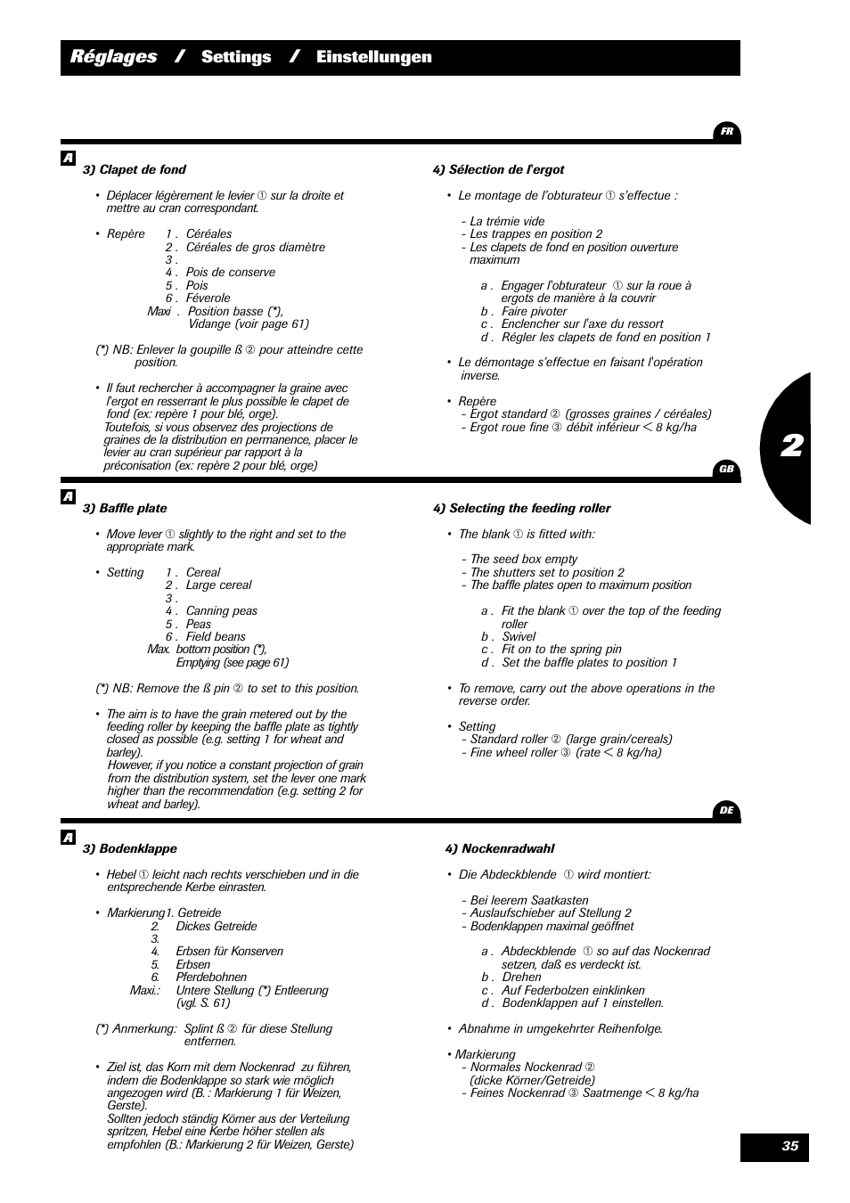 Réglages, Settings, Einstellungen | Sulky Reguline Solo User Manual | Page 37 / 111