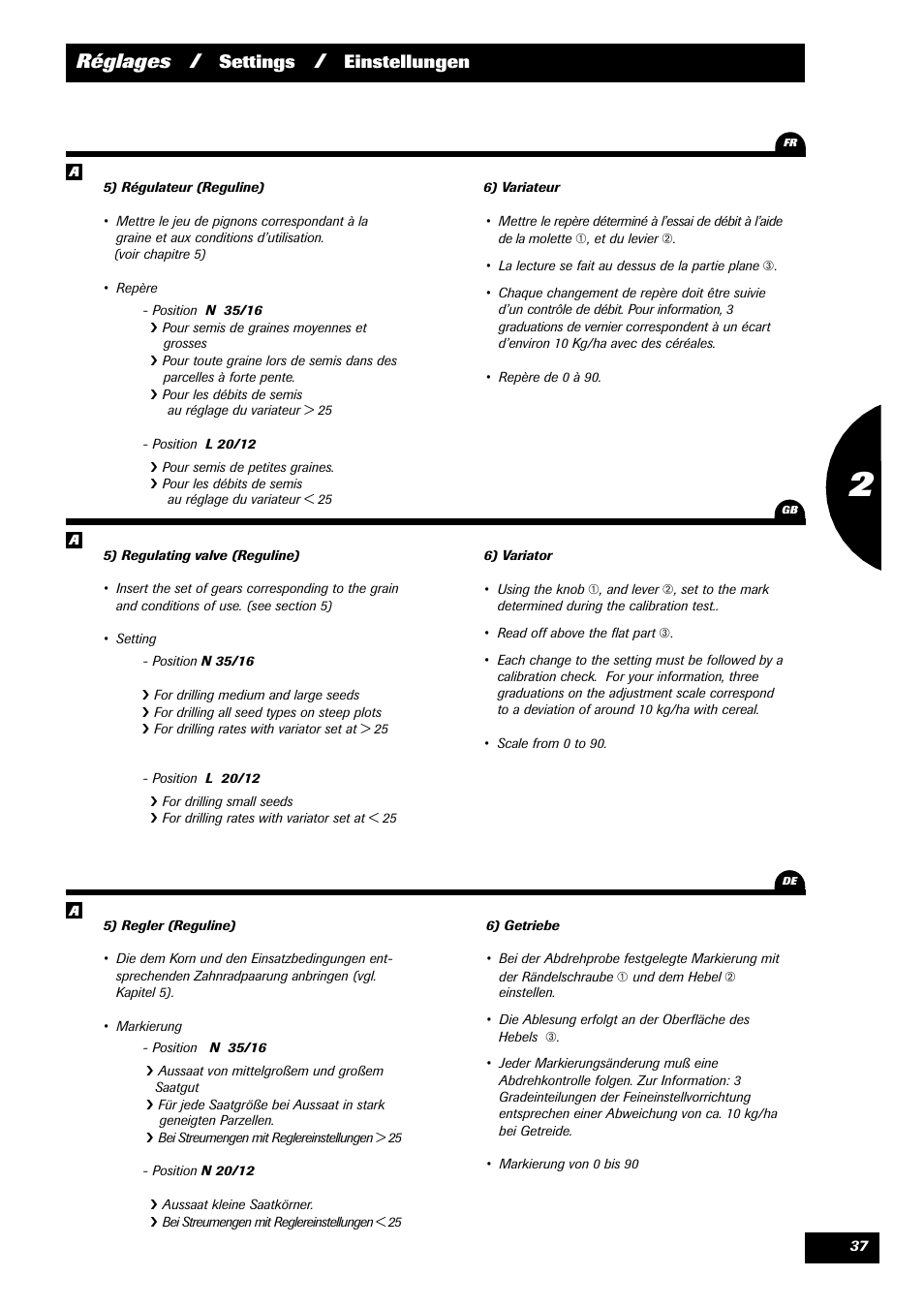 Réglages, Settings, Einstellungen | Sulky Reguline Solo User Manual | Page 39 / 111