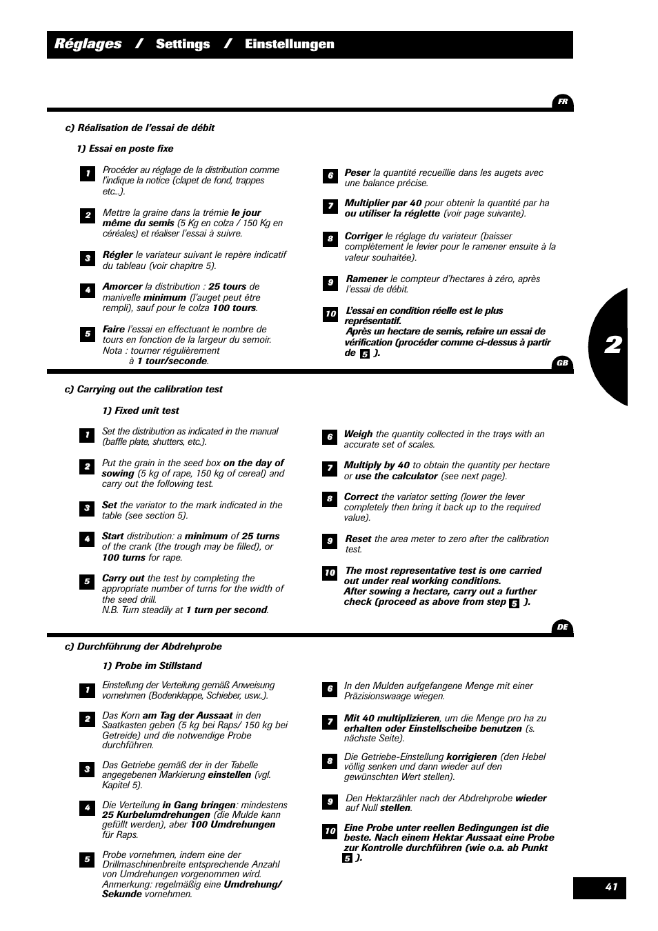 Réglages, Settings, Einstellungen 1 | Sulky Reguline Solo User Manual | Page 43 / 111