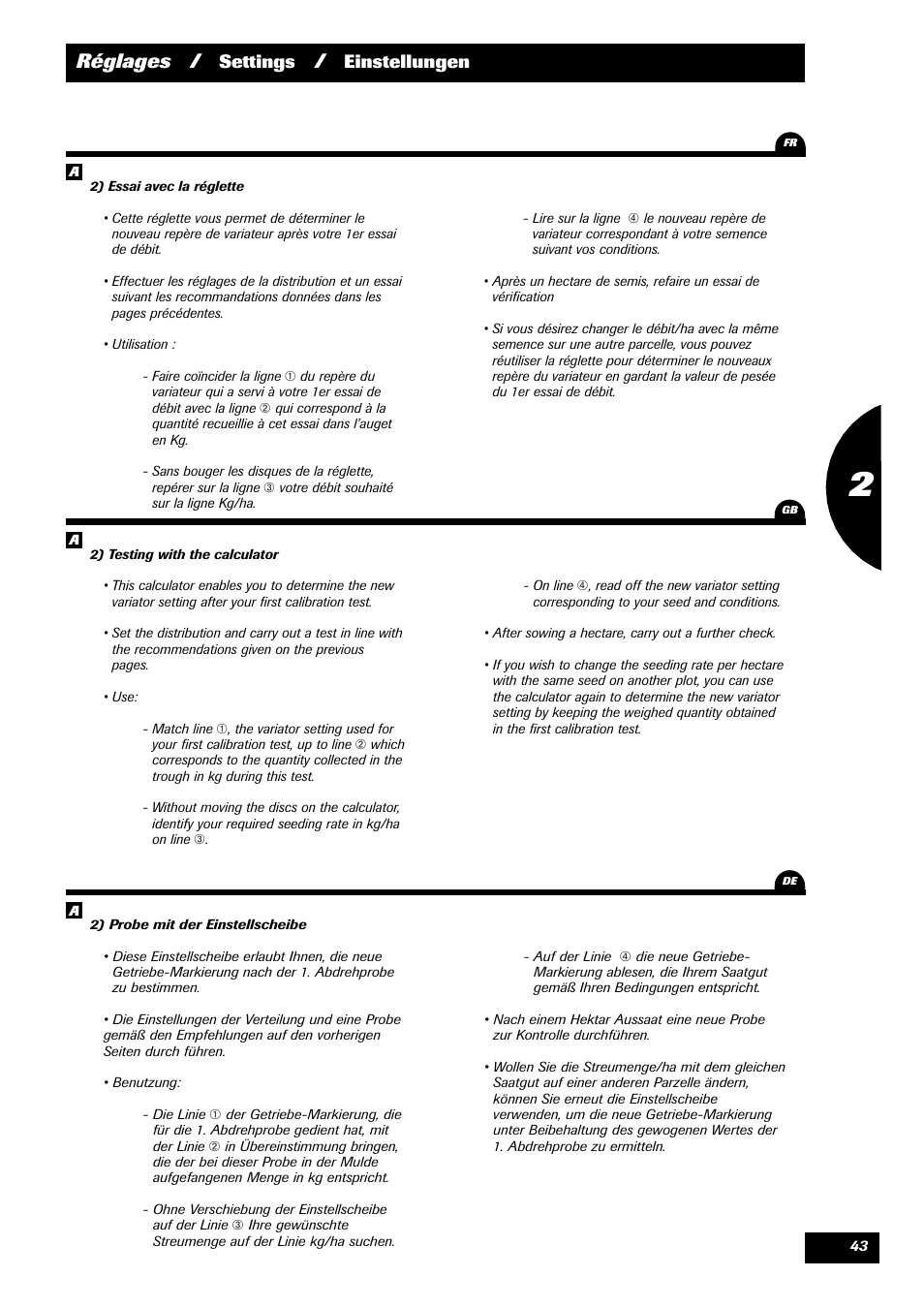 Réglages, Settings, Einstellungen | Sulky Reguline Solo User Manual | Page 45 / 111