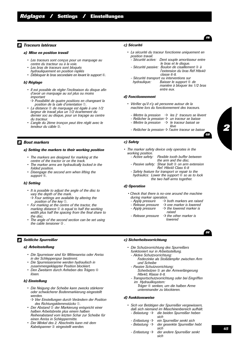 Réglages, Settings, Einstellungen | Sulky Reguline Solo User Manual | Page 47 / 111