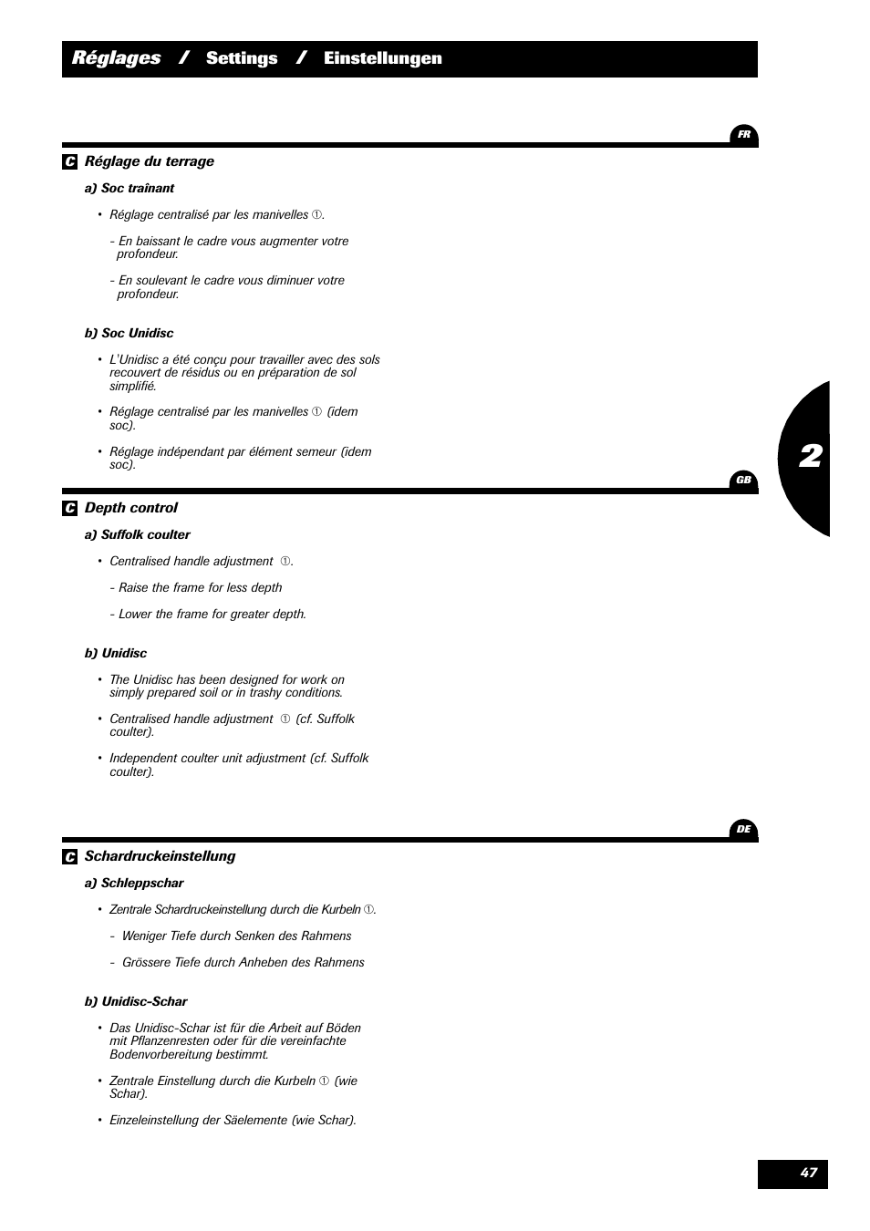 Réglages, Settings, Einstellungen | Sulky Reguline Solo User Manual | Page 49 / 111