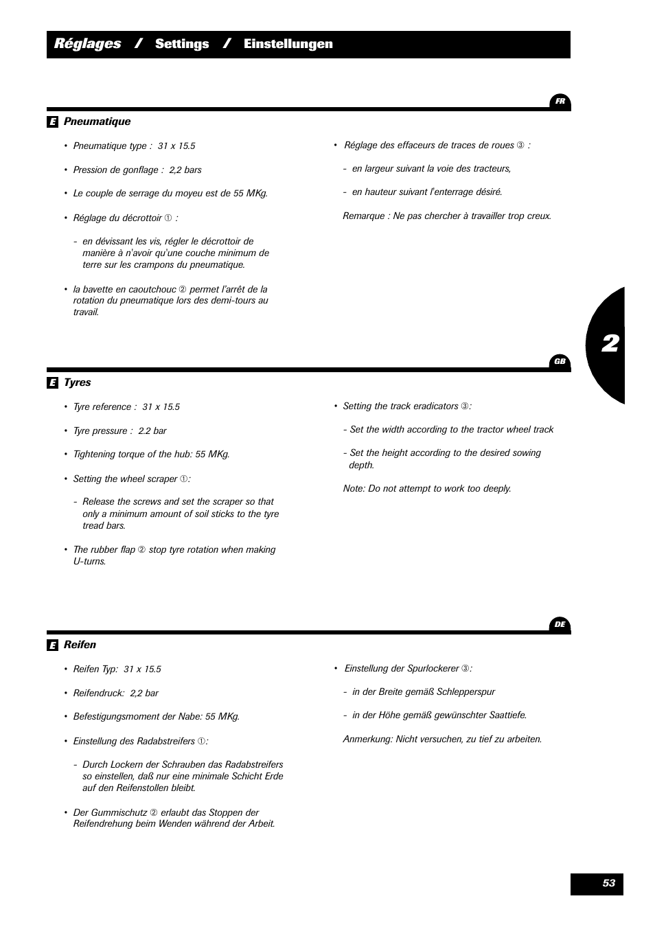 Réglages, Settings, Einstellungen | Sulky Reguline Solo User Manual | Page 55 / 111
