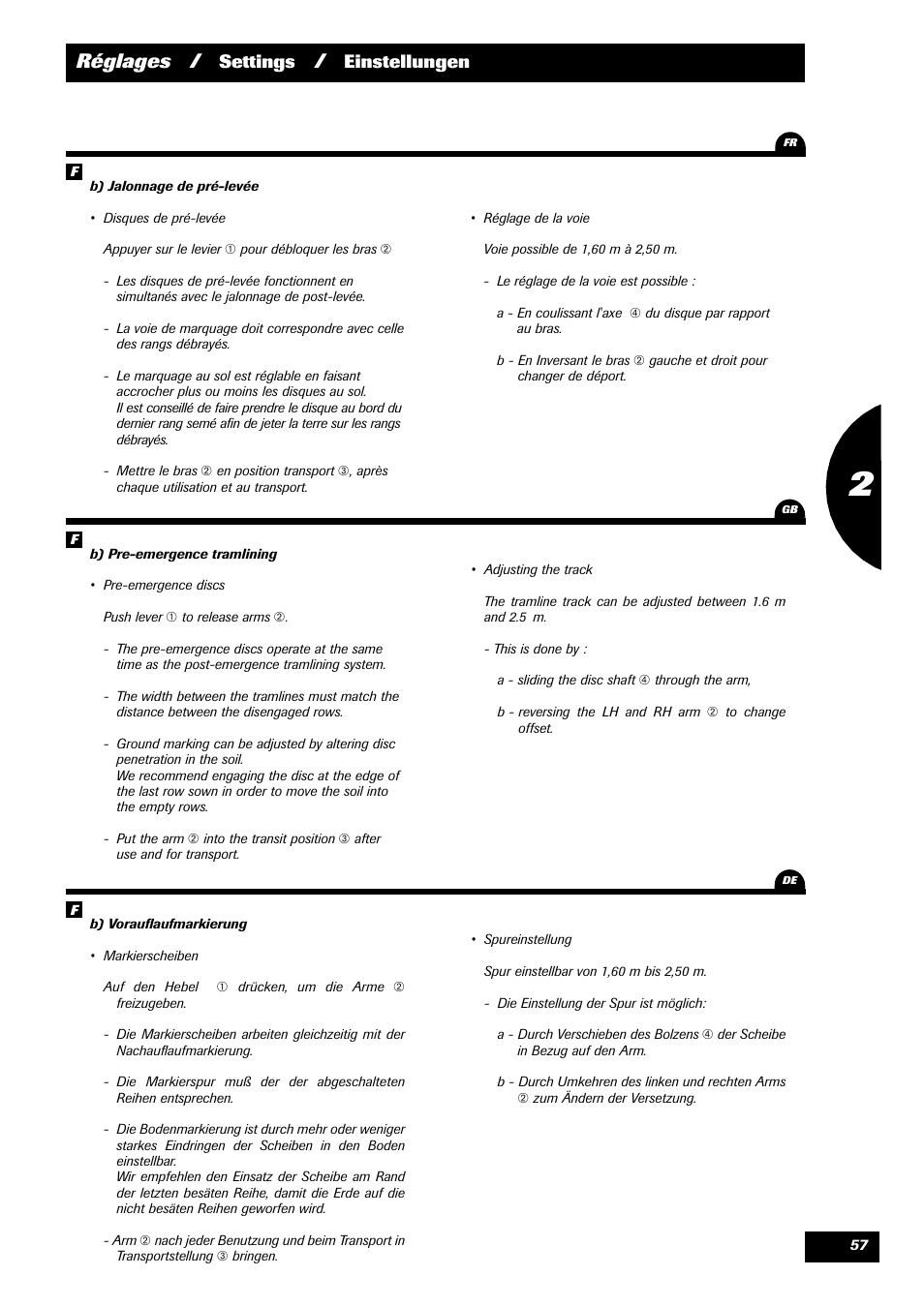 Réglages, Settings, Einstellungen | Sulky Reguline Solo User Manual | Page 59 / 111