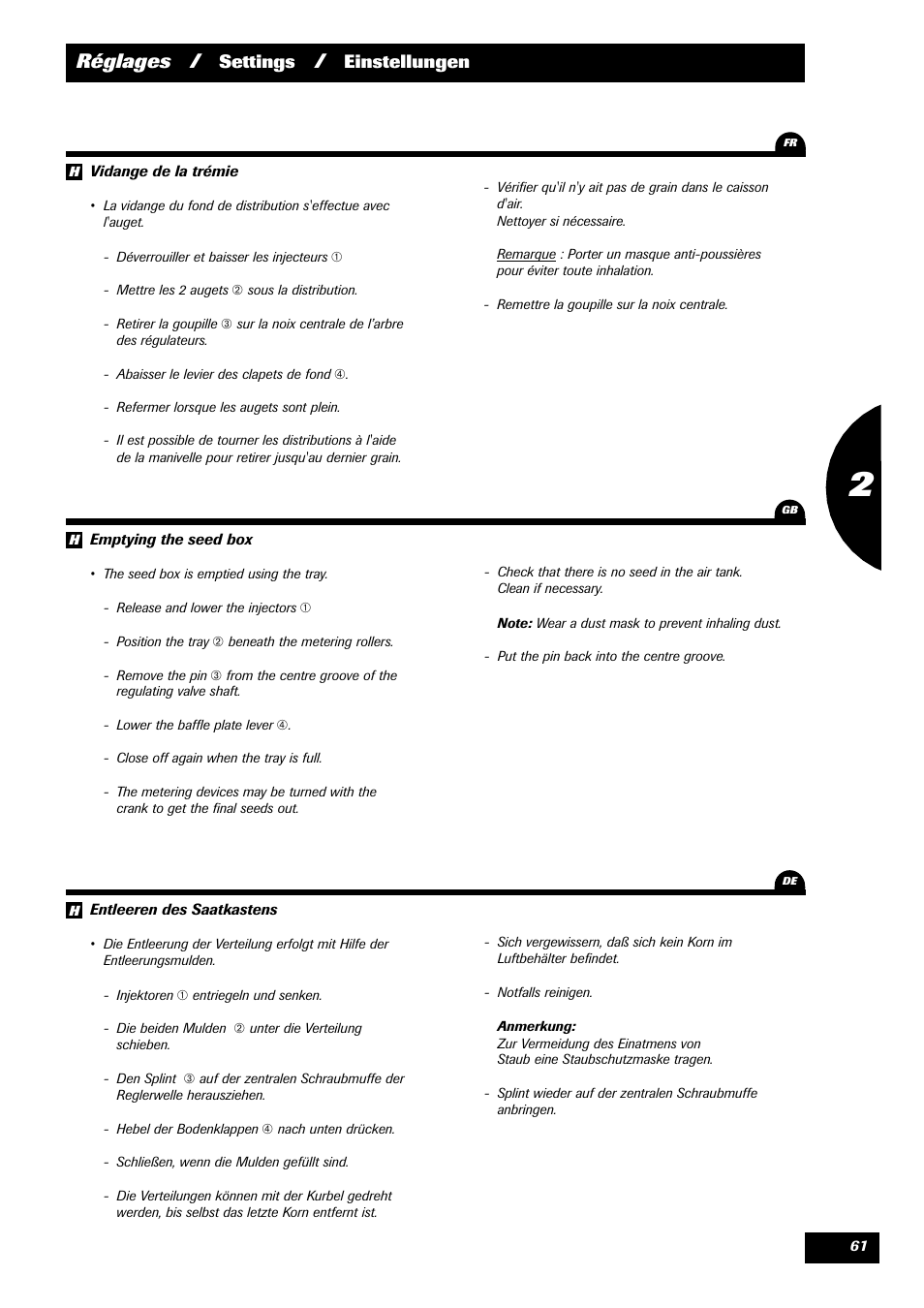 Réglages, Settings, Einstellungen | Sulky Reguline Solo User Manual | Page 63 / 111