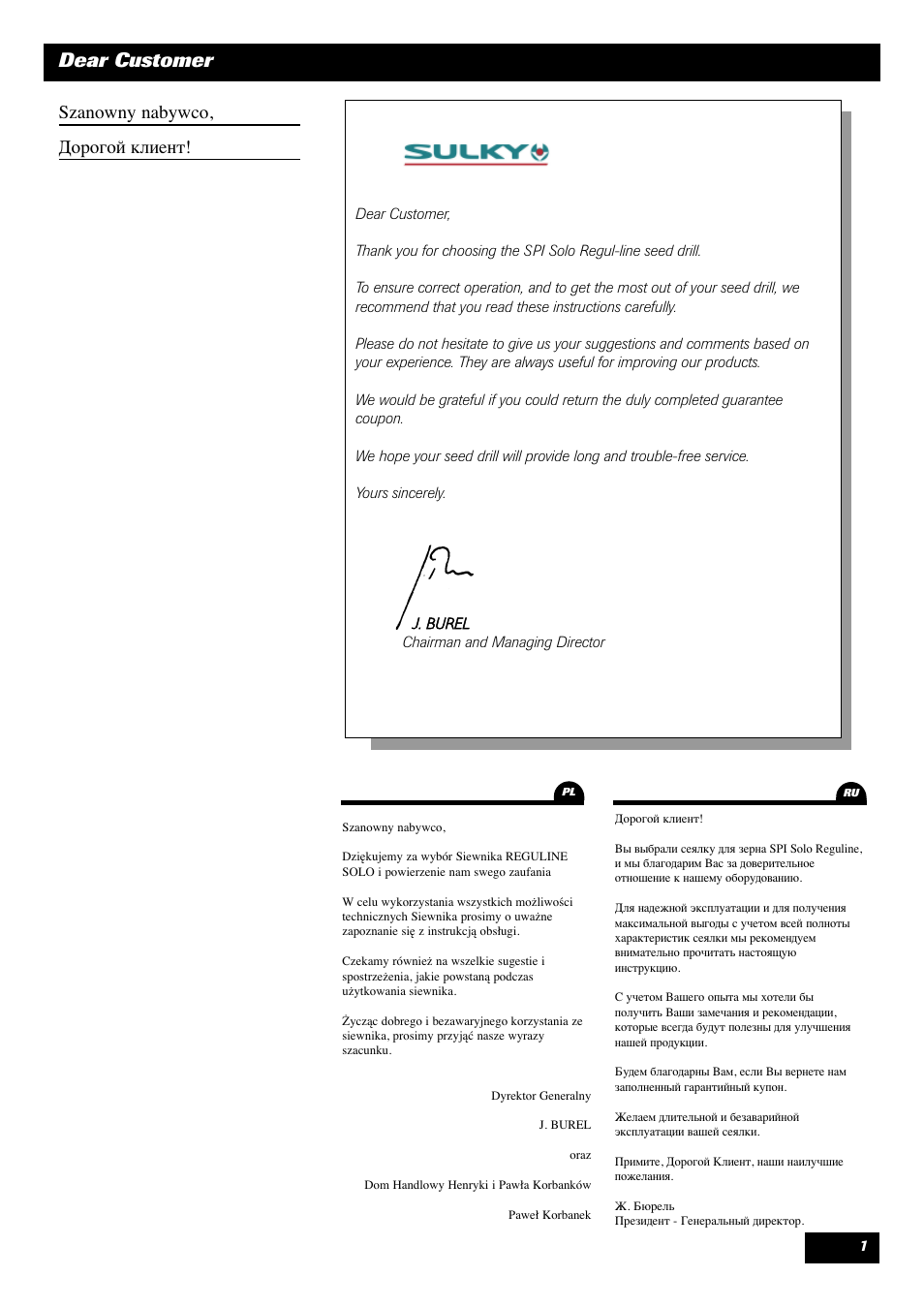 Dear customer, Szanowny nabywco, дорогой клиент | Sulky Reguline Solo User Manual | Page 3 / 113