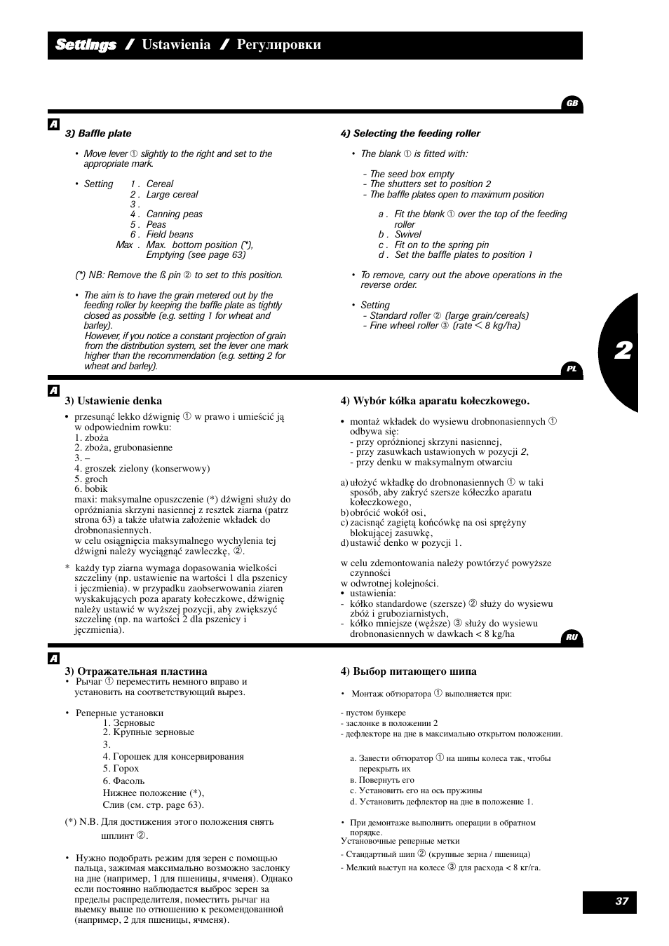 Ssettings / ustawienia / регулировки | Sulky Reguline Solo User Manual | Page 39 / 113