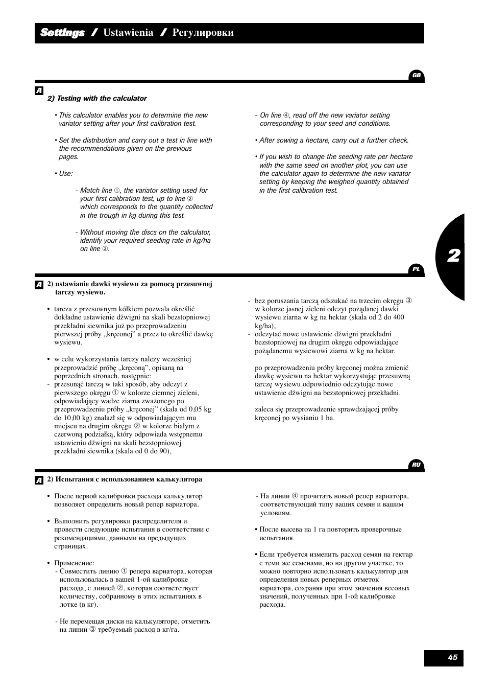 Ssettings / ustawienia / регулировки | Sulky Reguline Solo User Manual | Page 47 / 113