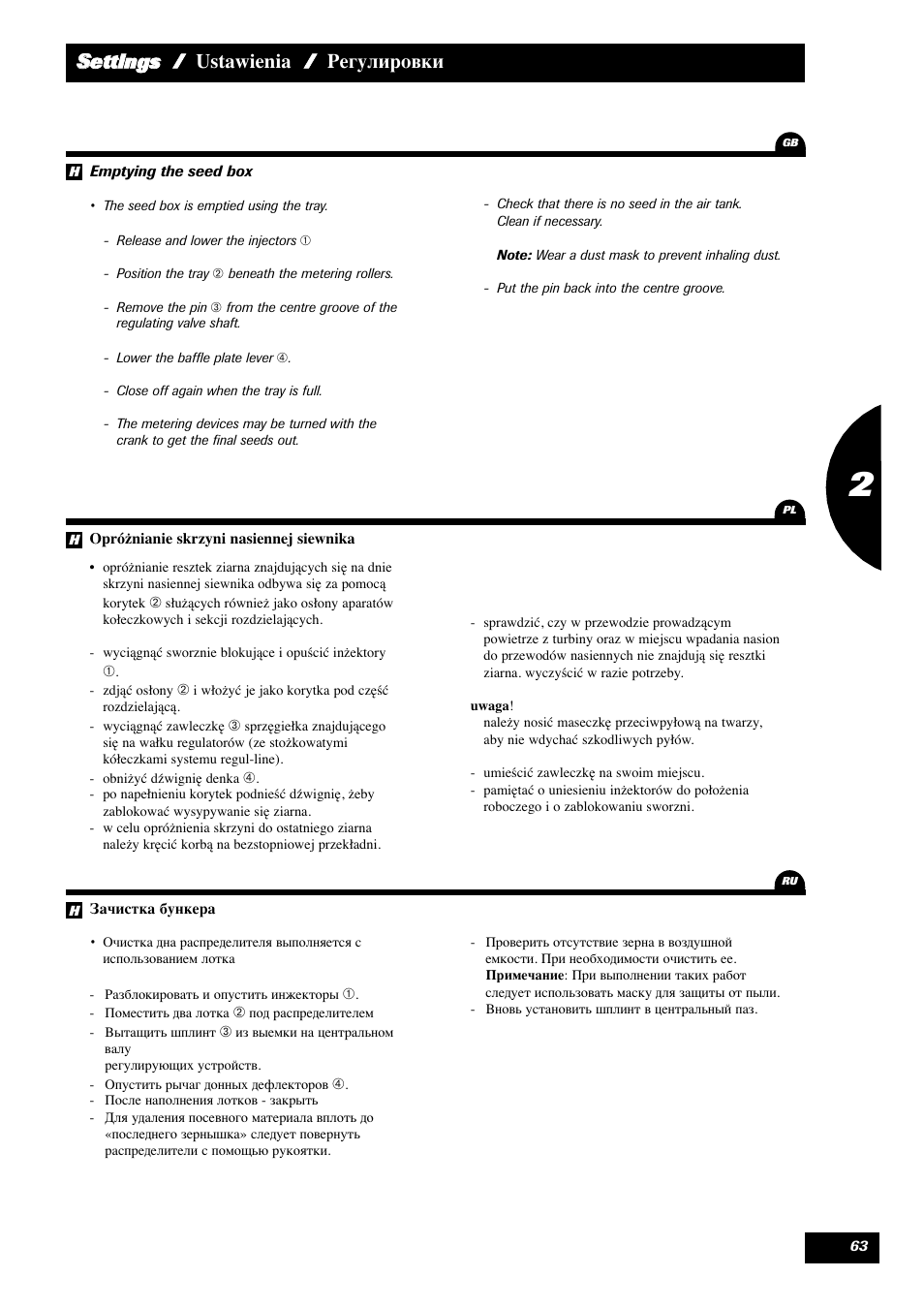 Ssettings / ustawienia / регулировки | Sulky Reguline Solo User Manual | Page 65 / 113