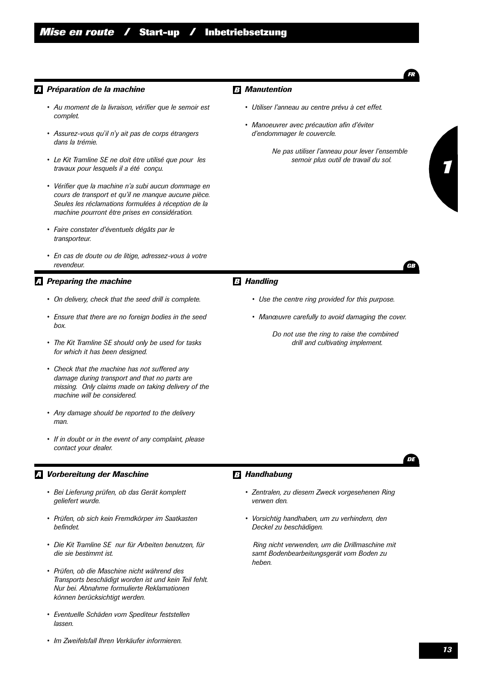 Mise en route, Start-up, Inbetriebsetzung | Sulky Kit Tramline SE User Manual | Page 15 / 77