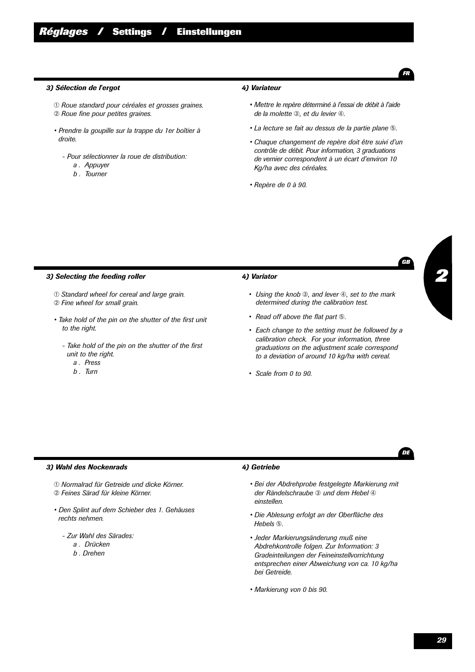 Réglages, Settings, Einstellungen | Sulky Kit Tramline SE User Manual | Page 31 / 77