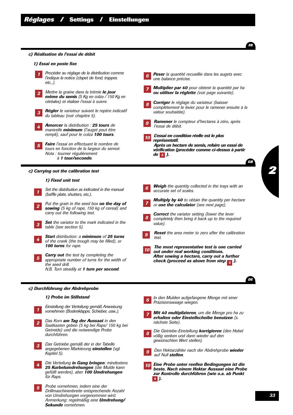 Réglages, Settings, Einstellungen 1 | Sulky Kit Tramline SE User Manual | Page 35 / 77