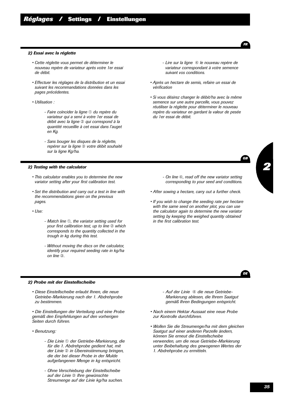 Réglages, Settings, Einstellungen | Sulky Kit Tramline SE User Manual | Page 37 / 77