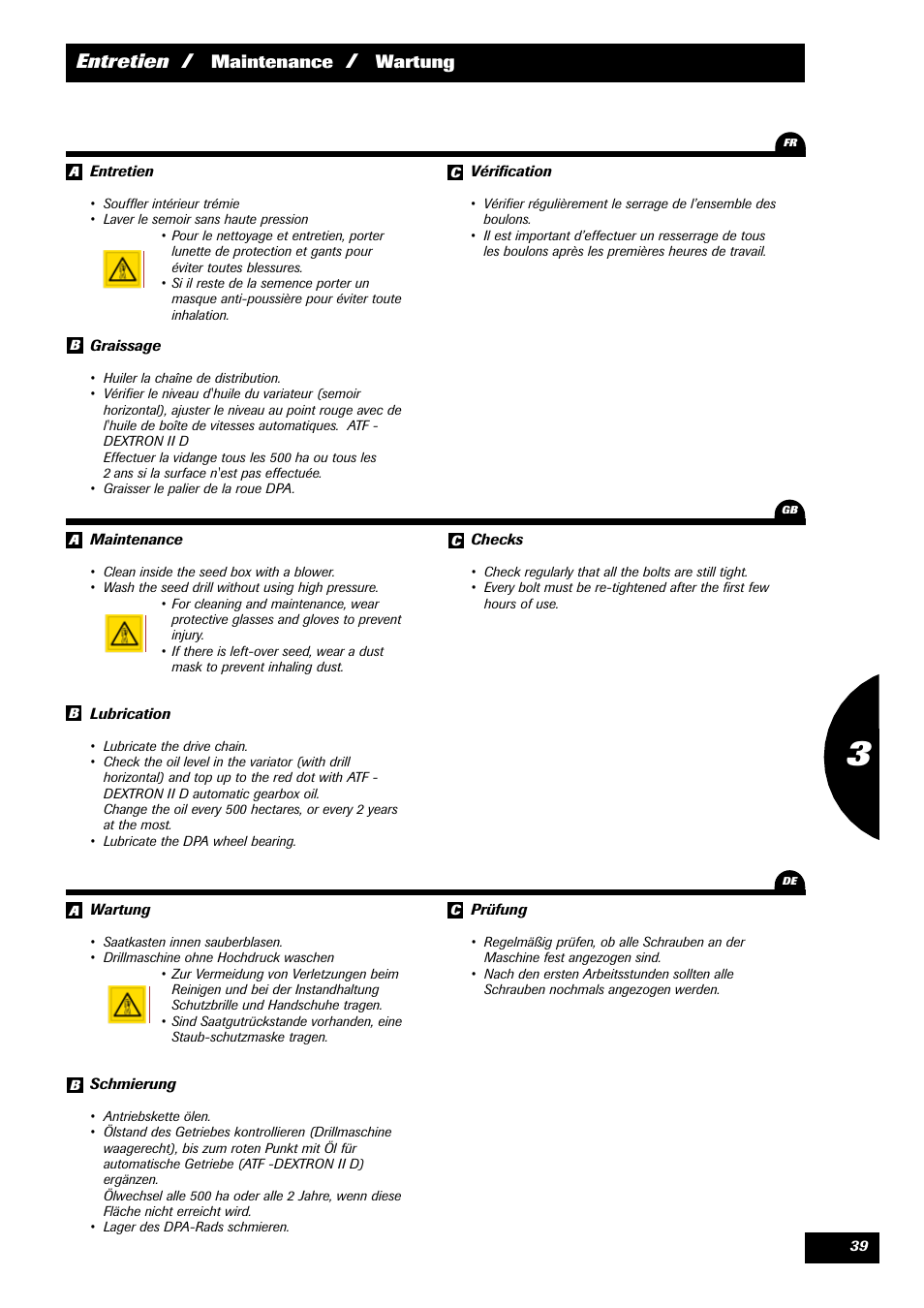 Entretien, Maintenance, Wartung | Sulky Kit Tramline SE User Manual | Page 41 / 77