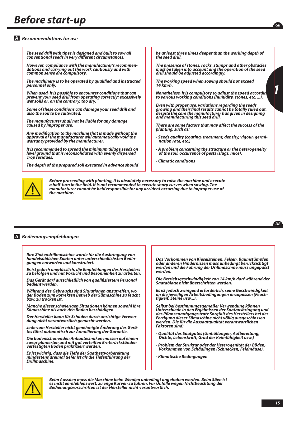 Before start-up | Sulky Kronos User Manual | Page 15 / 67
