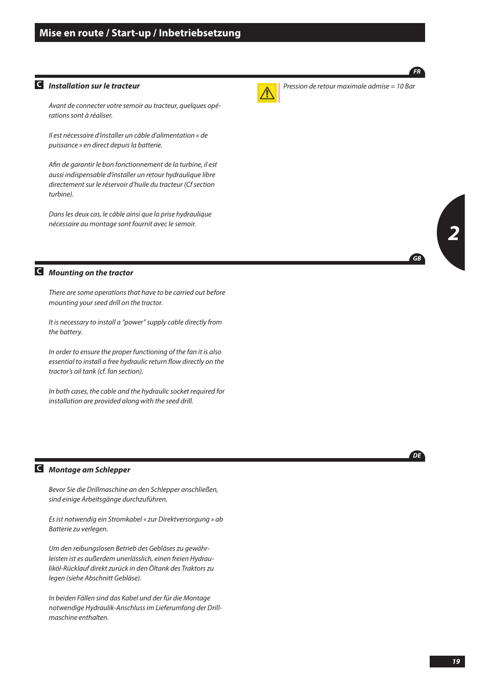 Mise en route / start-up / inbetriebsetzung | Sulky Kronos User Manual | Page 19 / 67