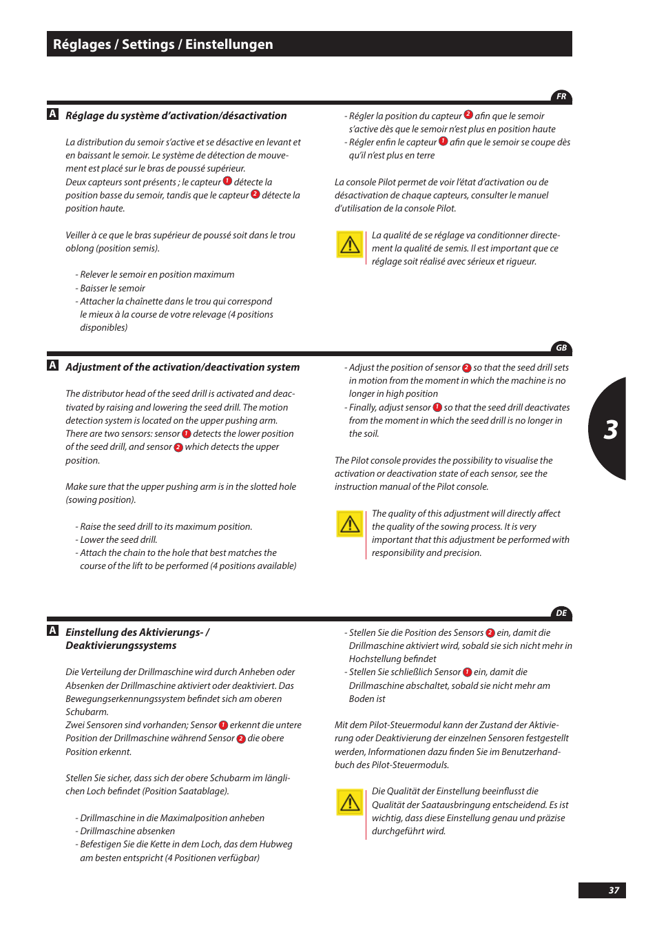 Réglages / settings / einstellungen | Sulky Kronos User Manual | Page 37 / 67
