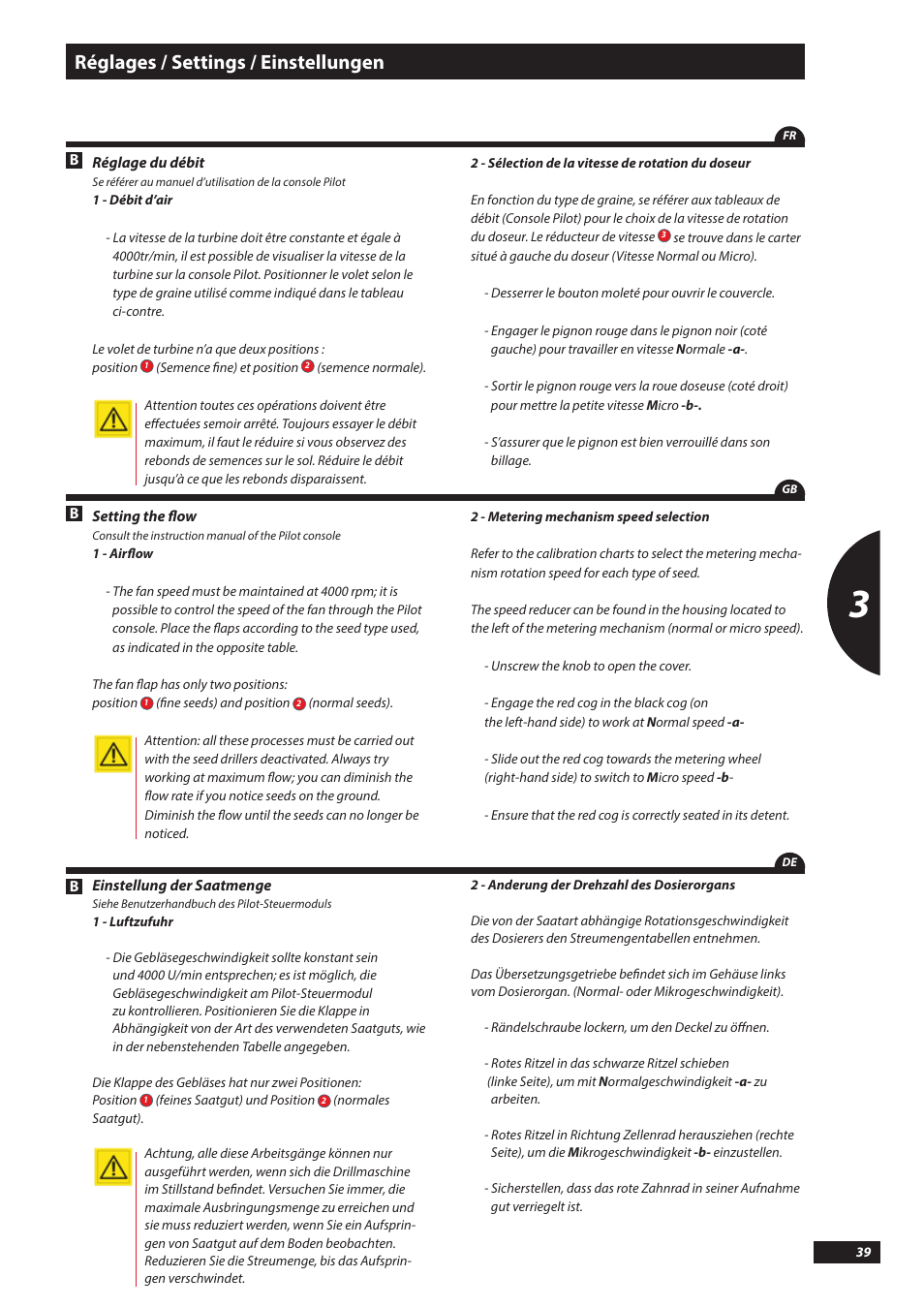 Réglages / settings / einstellungen | Sulky Kronos User Manual | Page 39 / 67