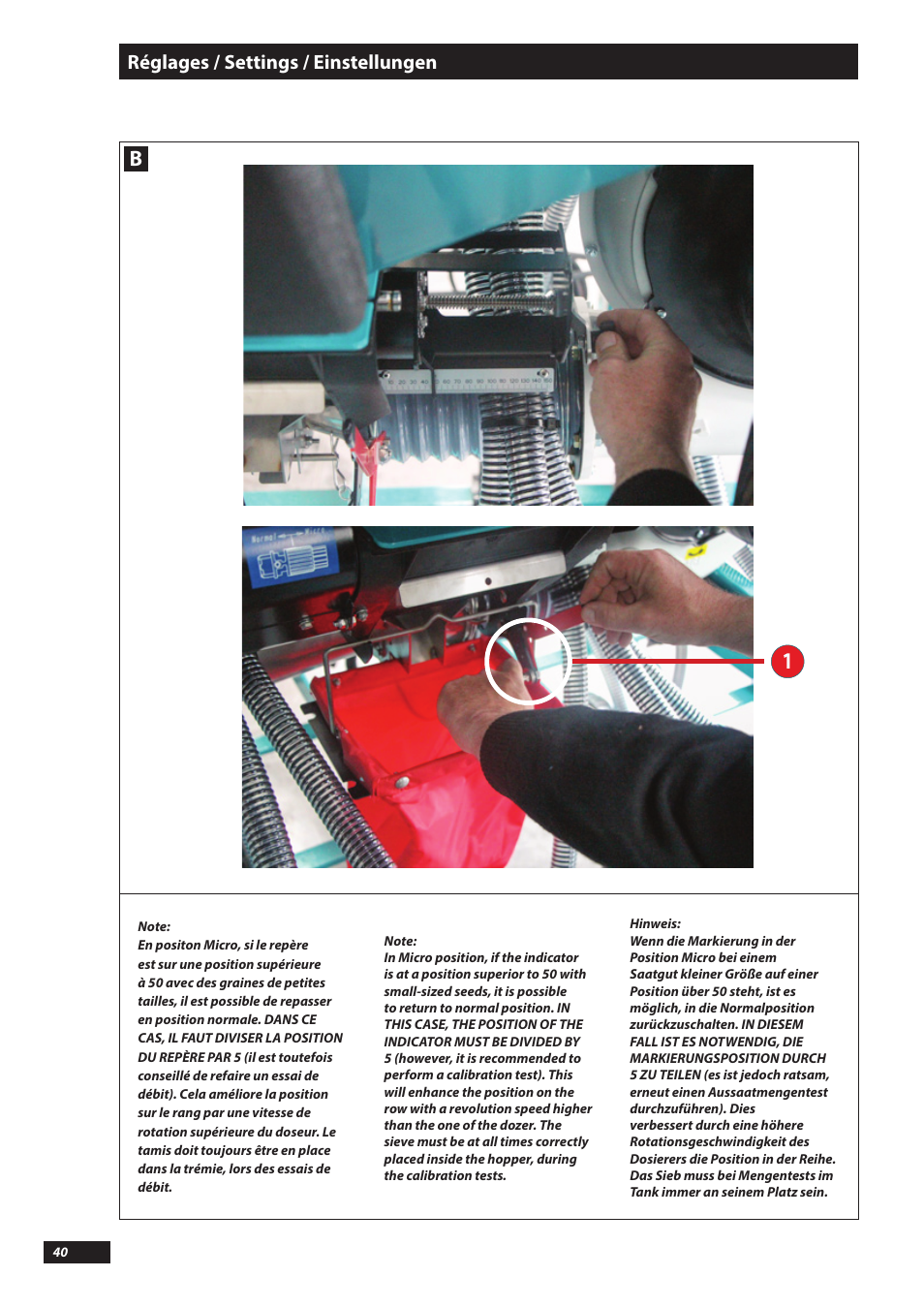 Réglages / settings / einstellungen | Sulky Kronos User Manual | Page 40 / 67