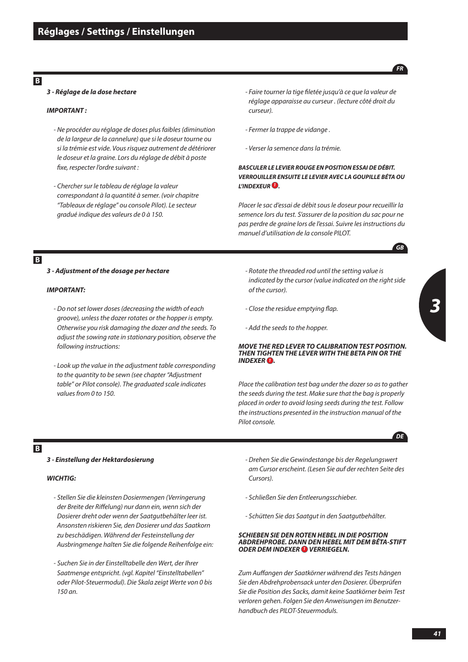 Réglages / settings / einstellungen | Sulky Kronos User Manual | Page 41 / 67