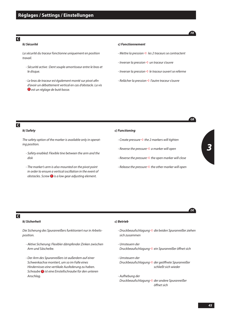 Réglages / settings / einstellungen | Sulky Kronos User Manual | Page 45 / 67