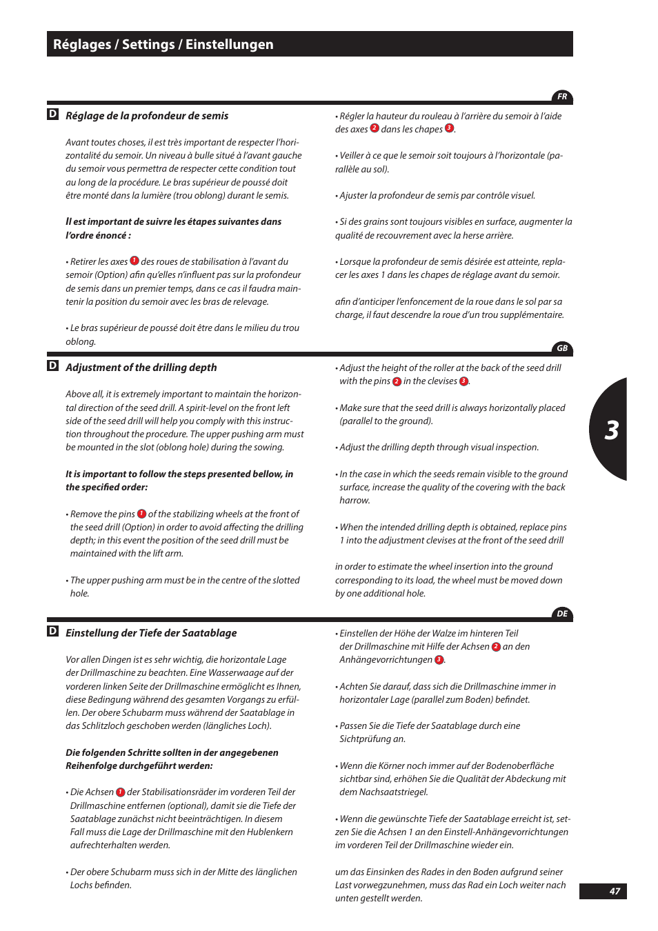 Réglages / settings / einstellungen | Sulky Kronos User Manual | Page 47 / 67