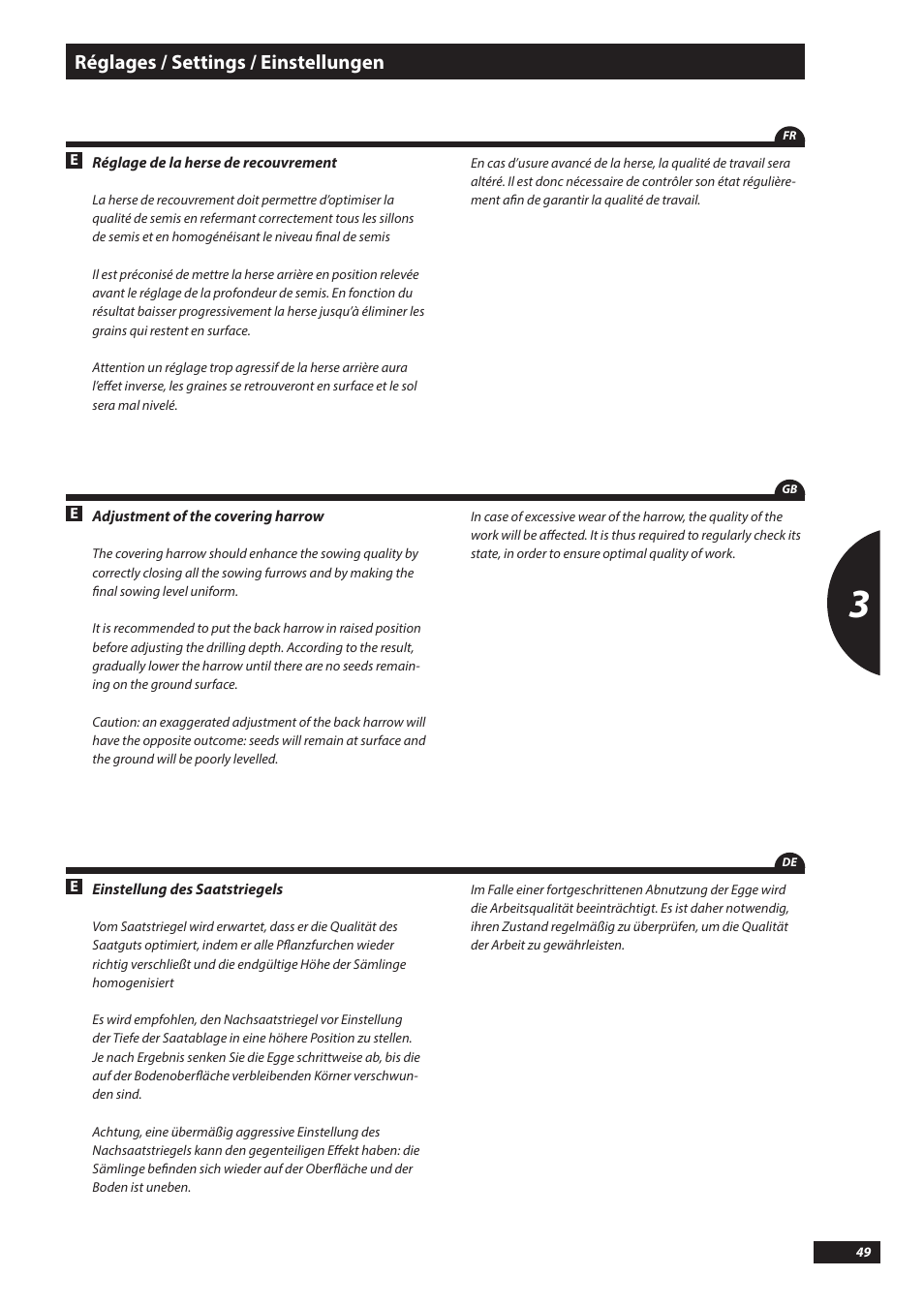 Réglages / settings / einstellungen | Sulky Kronos User Manual | Page 49 / 67