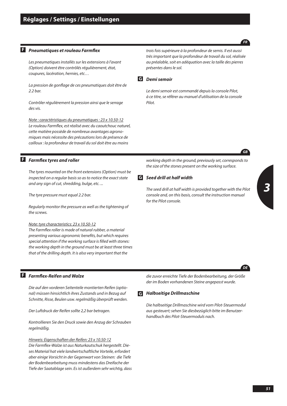 Réglages / settings / einstellungen | Sulky Kronos User Manual | Page 51 / 67