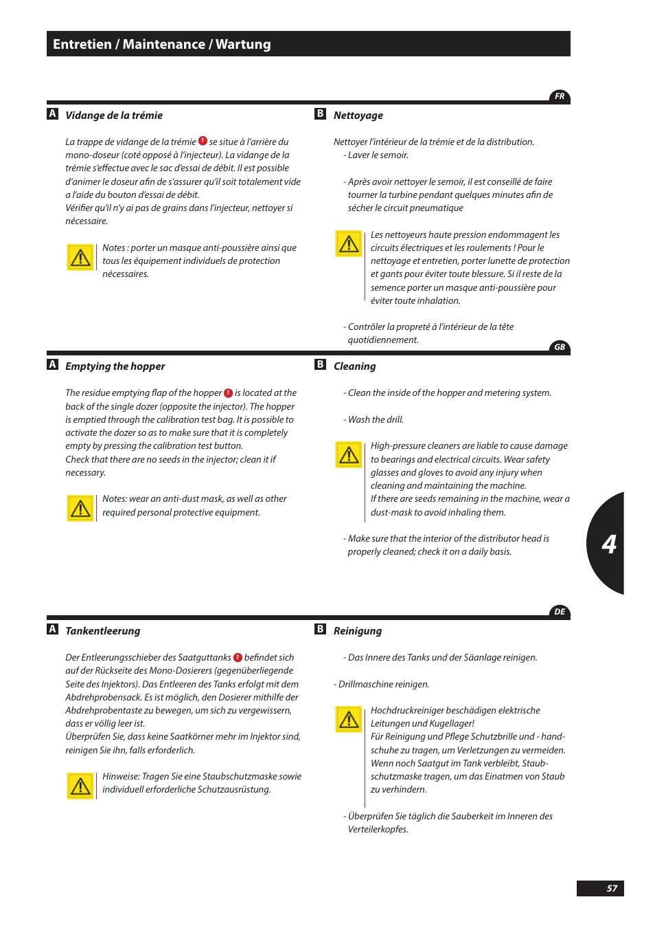 Entretien / maintenance / wartung | Sulky Kronos User Manual | Page 57 / 67