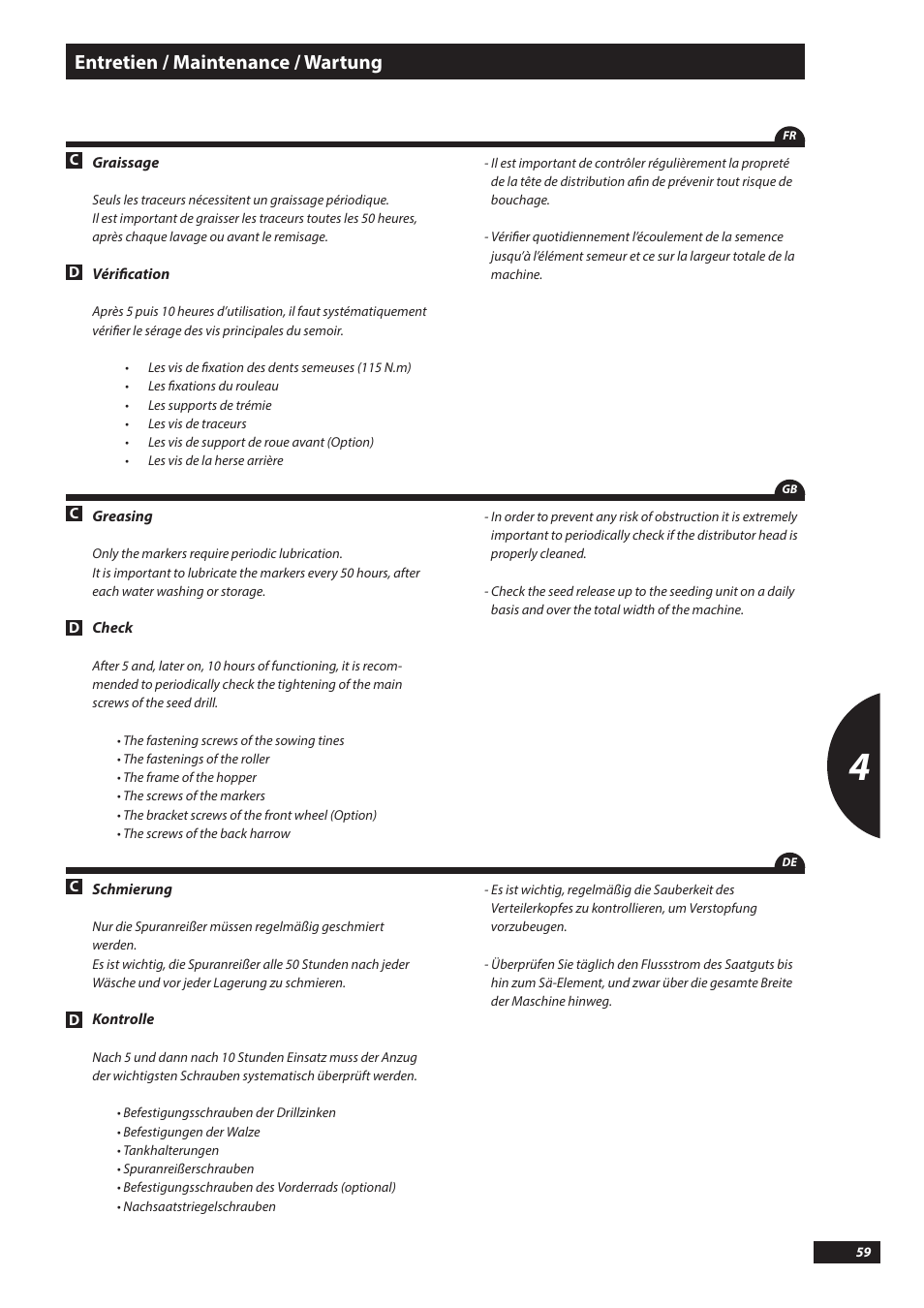 Entretien / maintenance / wartung | Sulky Kronos User Manual | Page 59 / 67