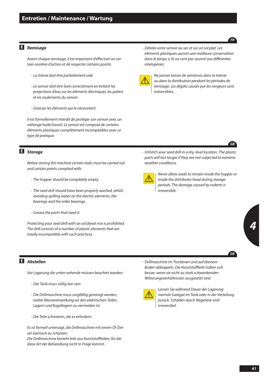 Entretien / maintenance / wartung | Sulky Kronos User Manual | Page 61 / 67