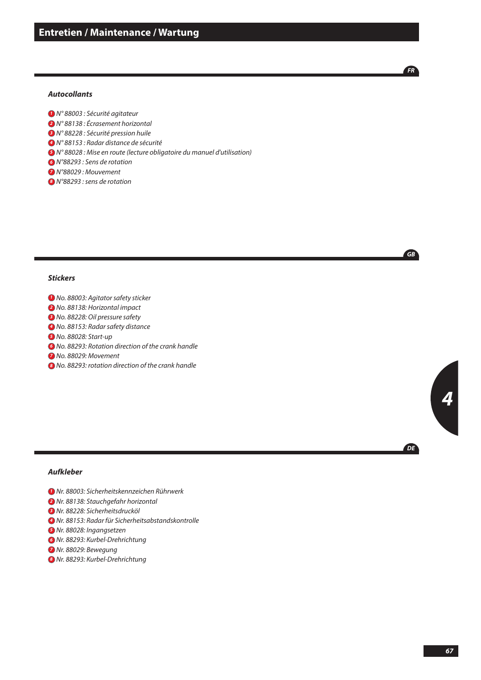 Entretien / maintenance / wartung, Aufkleber, Stickers | Autocollants | Sulky Kronos User Manual | Page 67 / 67