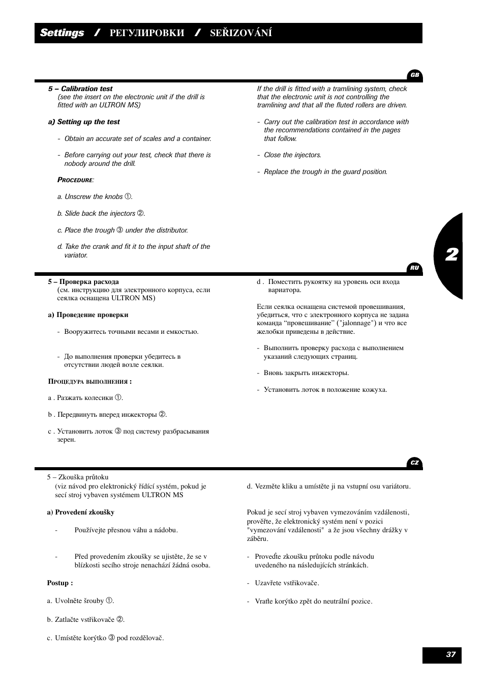 Settings, Seřizování | Sulky Maxidrill RW User Manual | Page 39 / 81