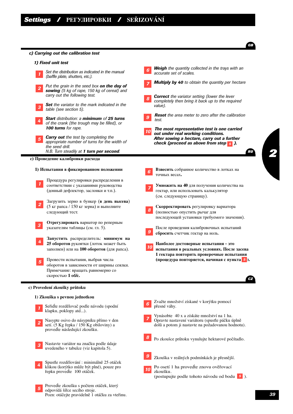 Settings, Seřizování | Sulky Maxidrill RW User Manual | Page 41 / 81