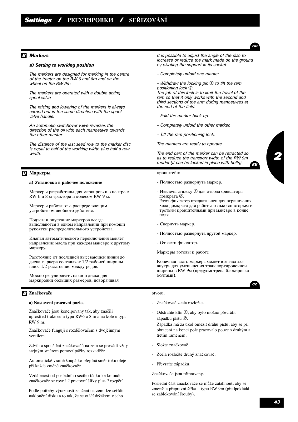 Settings, Seřizování | Sulky Maxidrill RW User Manual | Page 45 / 81