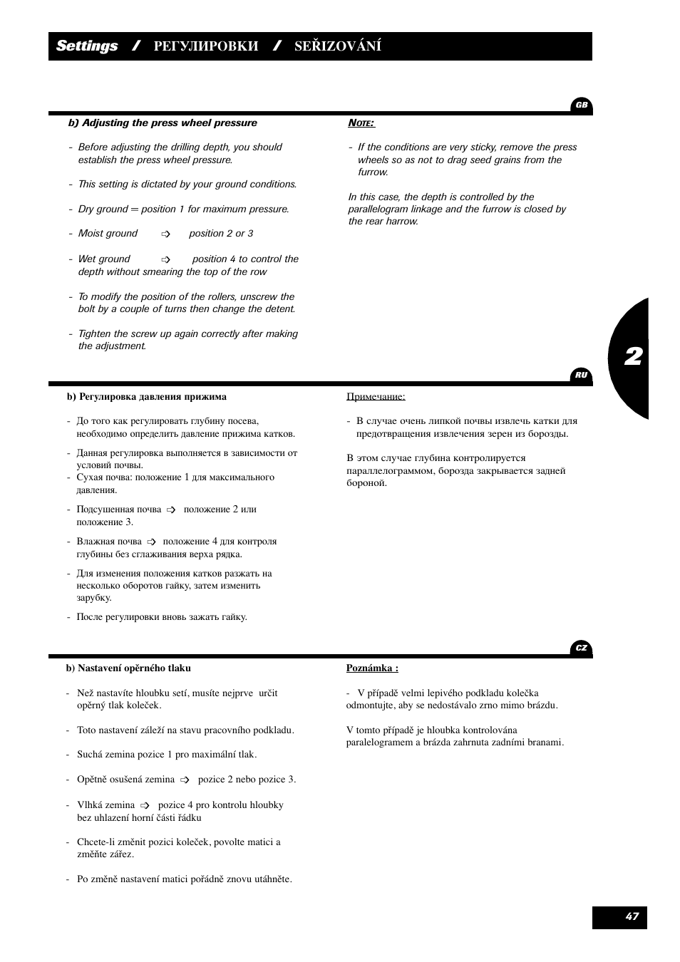 Settings, Seřizování | Sulky Maxidrill RW User Manual | Page 49 / 81