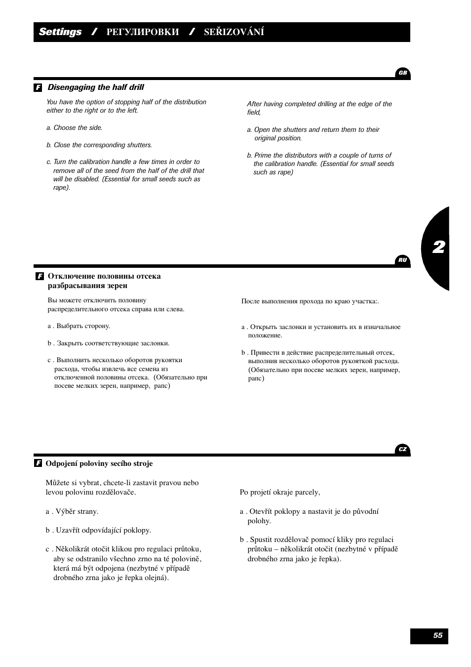 Settings, Seřizování | Sulky Maxidrill RW User Manual | Page 57 / 81