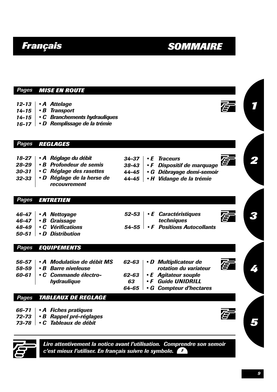 Sommaire français | Sulky Unidrill série 100 User Manual | Page 10 / 79