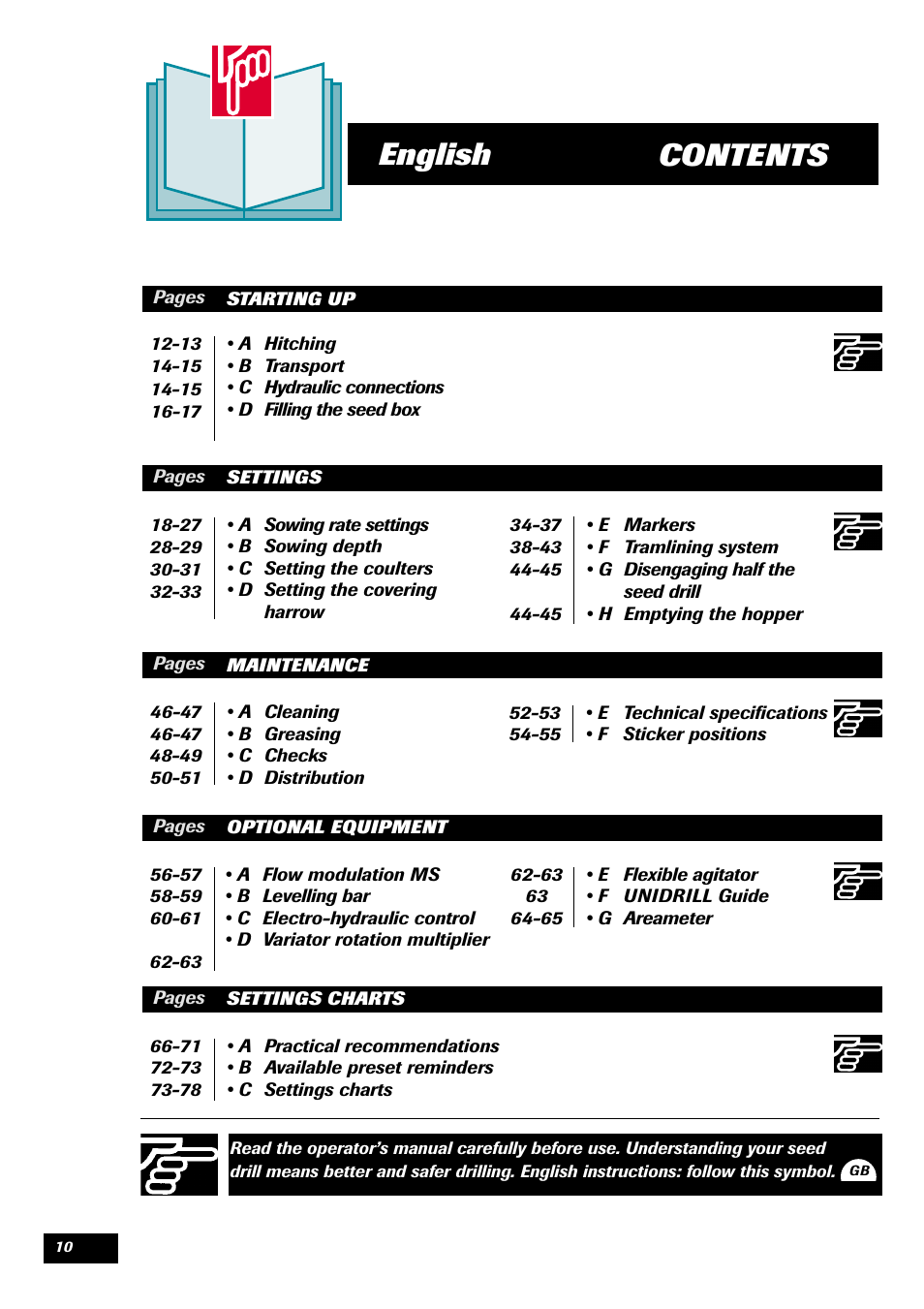 Contents english | Sulky Unidrill série 100 User Manual | Page 11 / 79