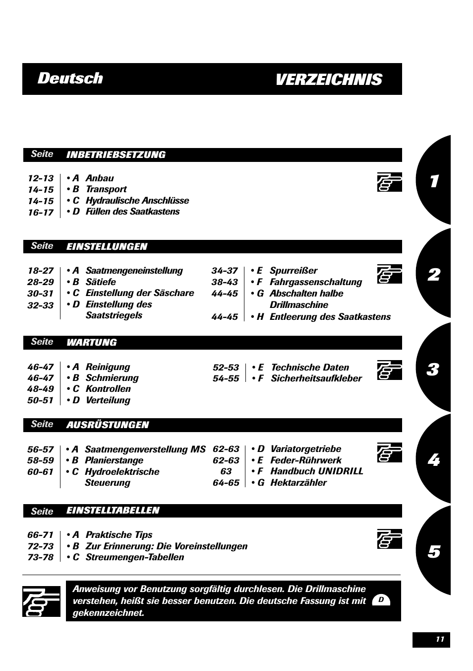 Verzeichnis deutsch | Sulky Unidrill série 100 User Manual | Page 12 / 79
