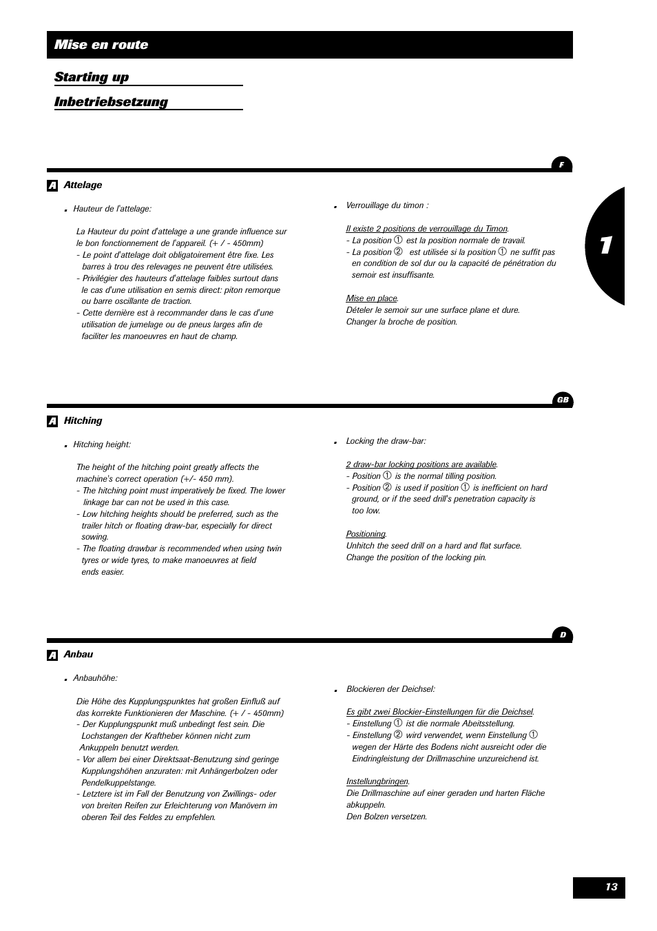 Mise en route starting up inbetriebsetzung | Sulky Unidrill série 100 User Manual | Page 14 / 79