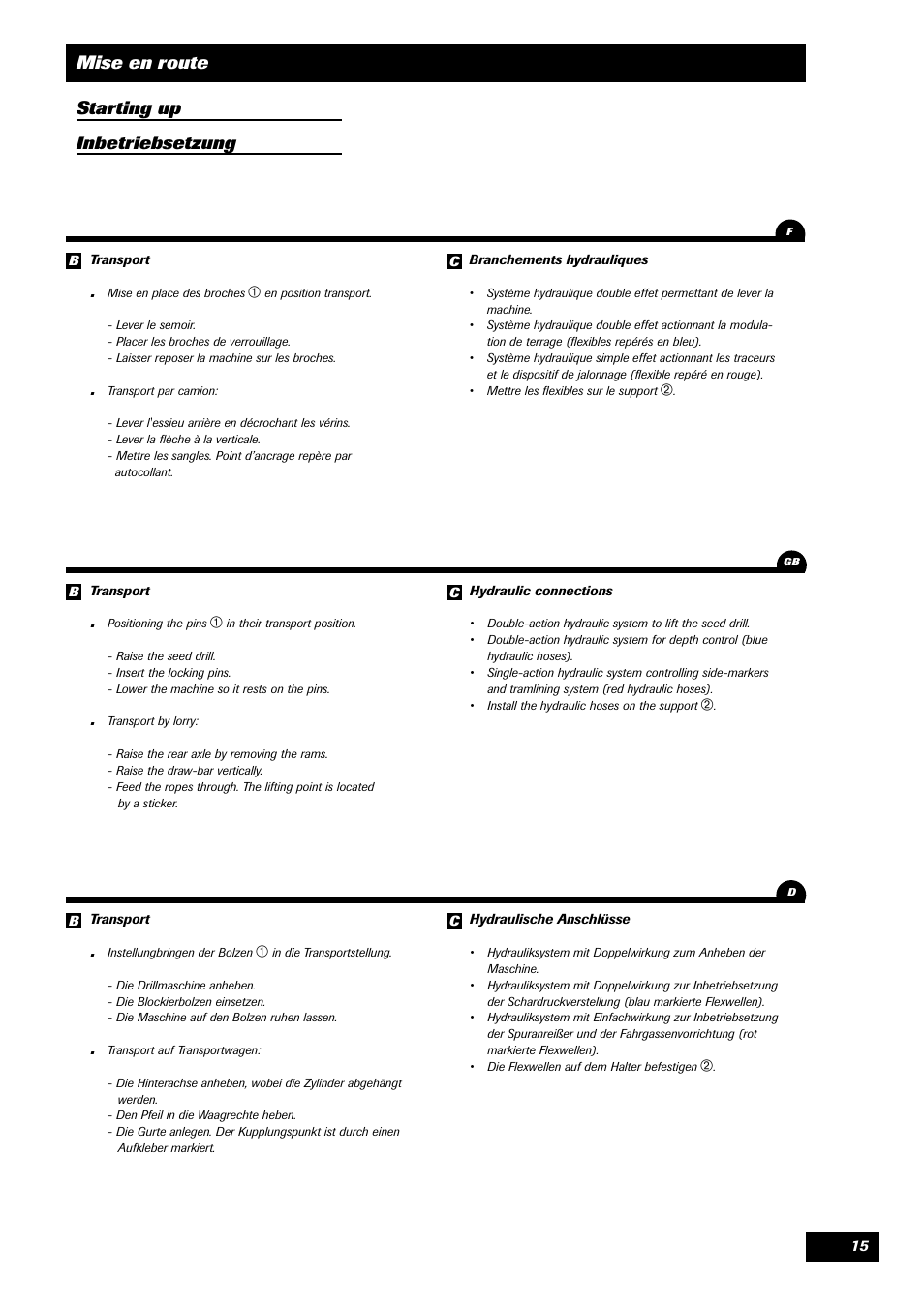 Mise en route starting up inbetriebsetzung | Sulky Unidrill série 100 User Manual | Page 16 / 79