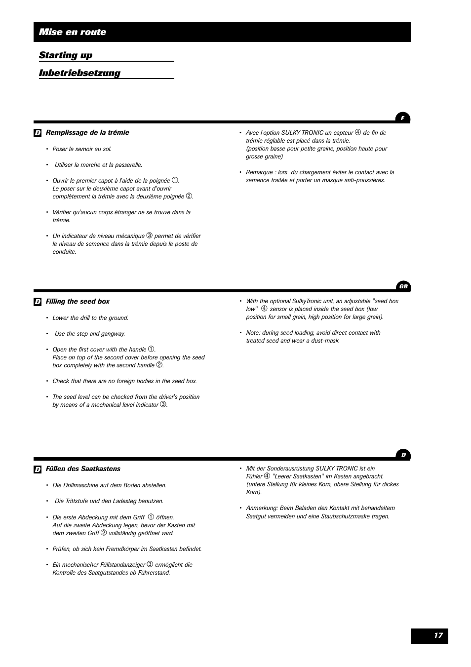 Mise en route starting up inbetriebsetzung | Sulky Unidrill série 100 User Manual | Page 18 / 79