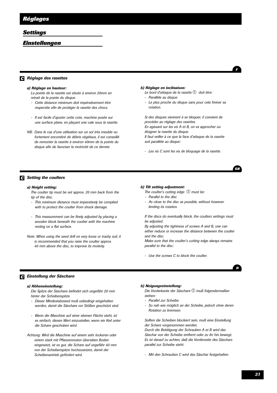 Réglages settings einstellungen | Sulky Unidrill série 100 User Manual | Page 32 / 79
