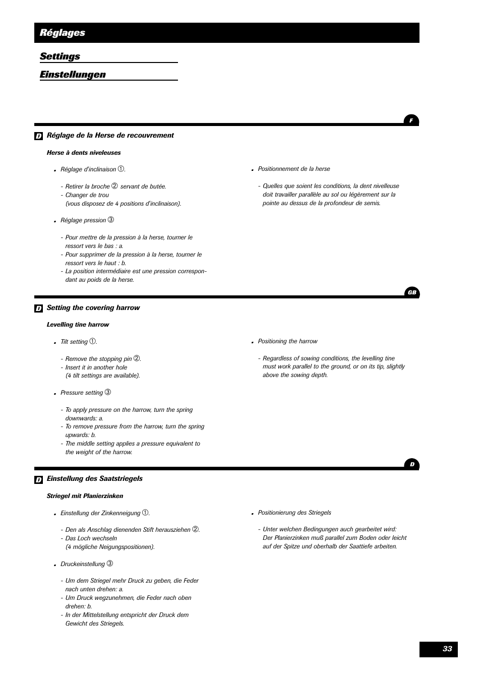 Réglages settings einstellungen | Sulky Unidrill série 100 User Manual | Page 34 / 79